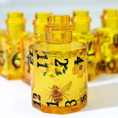 XENOLUX DND Dice Set Polyhedral Novelty Resin Dice - Fantasy Elixir Bottle Shape with Bee & Floral Inclusions, Easy to Read Black Numbers for Dungeons, RPG abletop Games-BOT3 - color: Bot3