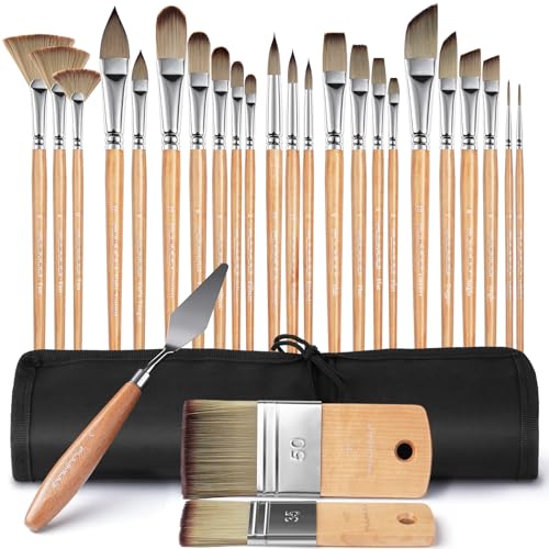 Fuumuui 26pcs Paint Brushes, Professional Acrylic Paint Brush Set Artists Complete Range of Sizes with Upgraded Short Handle Wide Flat & Palette Knife for Acrylic, Oil, Watercolor, Gouache - color: Burlywood