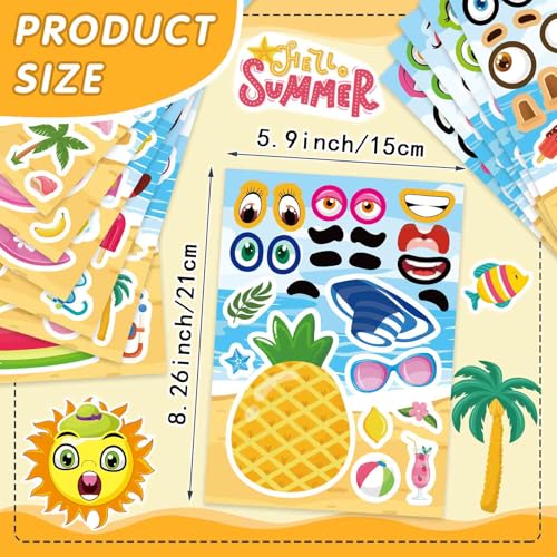 Summer Stickers, Make a Face Sticker, Hawaii Tropical Pool Beach Stickers | 24 Sheets Make Your Own Sticker with Pineapple Flamingo Beverage, Summer Holiday Party Favors - style: Summer