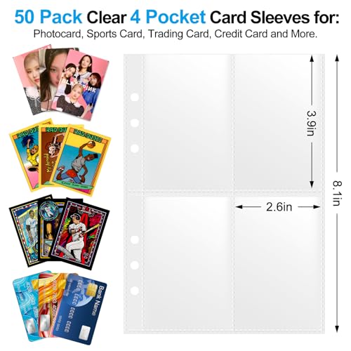 A5 4 Pocket Card Sleeves Binder Refill Pages – 50 Pack Stores 400 Cards – 6 Ring Insert Sheets for Kpop Photocards, Trading Cards, Sports Baseball Card Protector Holder - size: 2.5" x 3.5"