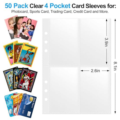 A5 4 Pocket Card Sleeves Binder Refill Pages – 50 Pack Stores 400 Cards – 6 Ring Insert Sheets for Kpop Photocards, Trading Cards, Sports Baseball Card Protector Holder - size: 2.5" x 3.5"