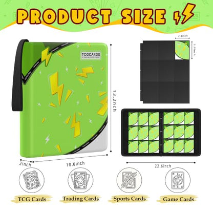 Card Binder for Pokemon Cards, 9 Pocket Trading Card Binder Holds 900 Cards with 50 Removable Sleeves, 3 Ring Zipper Card Holder Album Book Case for TCG, MTG, Sports Cards Collection, Boys Girls - color: Green
