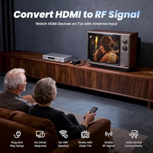 [Upgrade]kurtmark HDMI to RF Modulator with 1.2M HDMI Cable & Power Adapter | Plug and Play Coax RF Converter for TV, 1080P PLL Control NTSC Output CH3/CH4 RF Converter for Antenna TVs and Game Consoles