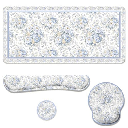 Blue Rose Desk Mat Set White Floral Large Mouse Pad with Wrist Rest 4in1 Desk Mat for Desktop Ergonomic Computer Desk Arm Wrist Anti-Slip Computer Ergonomic Mouse Pad Home Office Gaming - color: Blue Rose