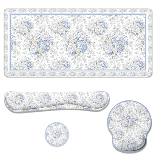 Blue Rose Desk Mat Set White Floral Large Mouse Pad with Wrist Rest 4in1 Desk Mat for Desktop Ergonomic Computer Desk Arm Wrist Anti-Slip Computer Ergonomic Mouse Pad Home Office Gaming - color: Blue Rose