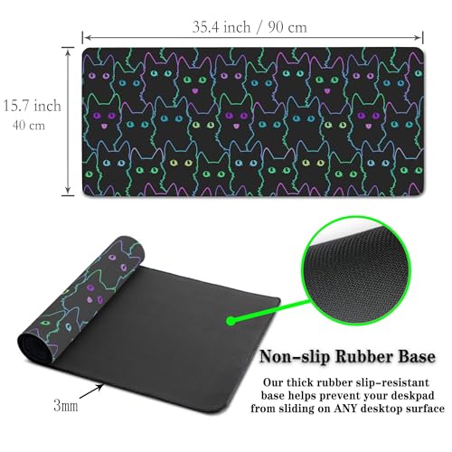 Big Mouse Pad Black Purple The Desk Pad Computer Mouse Pads Keyboard Pads Deskmat Waterproof Non-Slip Rubber Base 35.4" X 15.7" for Game Office, Cartoon Cat with Neon Lines Design - color: Cartoon Cat