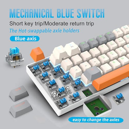 60% Mechanical Gaming Keyboard 60 Percent,LED Backlit Compact 63 Keys Mini Wired Keyboard for PC,Windows XP,Win 7/10,Vista,Me,Typist,Travel,(Grey-White-Orange, Blue Switches)