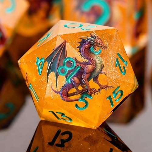 Double Layered Resin Dice Set 7pcs Dragon Pattern& Blue umbers Sharp Edged Polyhedral Dice Apply to D&D DNDRole Playing Game RPG Party Gift - color: Dragon Yellow