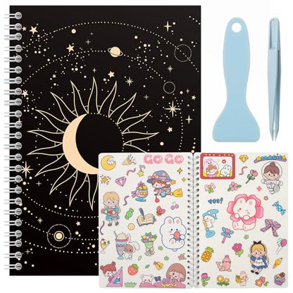 SUNEZLGO A5 Reusable Sticker Book 60 Sheets, Sticker Collecting Album Organizer, Blank Sticker Keeper Book for Adult Children with Tweezer and Spatula, Black - color: Black