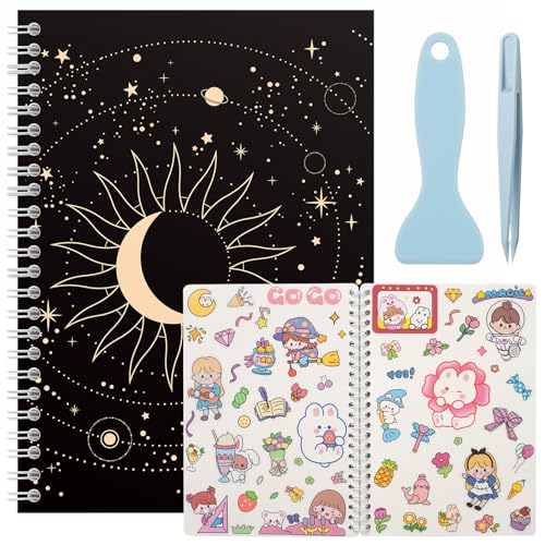 SUNEZLGO A5 Reusable Sticker Book 60 Sheets, Sticker Collecting Album Organizer, Blank Sticker Keeper Book for Adult Children with Tweezer and Spatula, Black - color: Black