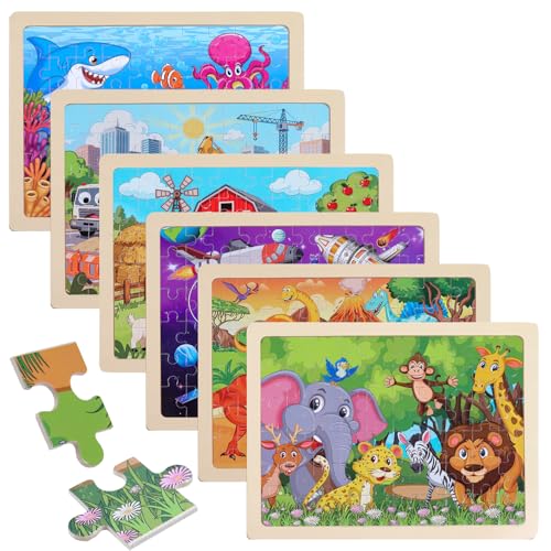 6 Pack Wooden Puzzles for Kids Ages 4-8, 60 Piece Jigsaw Puzzle Set | Preschool Educational Brain Teaser Toys, Animals Dinosaur Space & Vehicles, Educational Toys for Boys and Girls