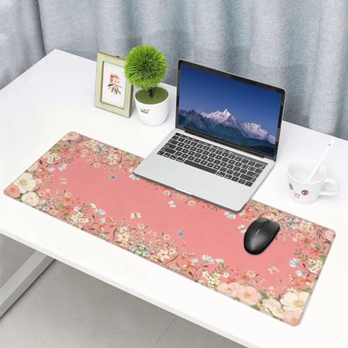 Large Gaming Mouse Pad Desk Mat, Pink Girly Floral Extended Keyboard Mouse Pad Mousepad with Non-Slip Base and Stitched Edge Mouse Mat Desk Pad Mouse Pads for Desk Home Office, 31.5 x 11.8 - color: Girly Floral Pink