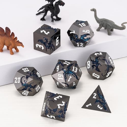 Dungeons and Dragons Dice D&D Metallic Dragon Sharp Edged Dice Set with Box, Polyhedral DND Role Playing Game D and D Dice Set D20 D12 D10 D8 D6 D4 - color: Dragon-black Nickel Sparkle Blue