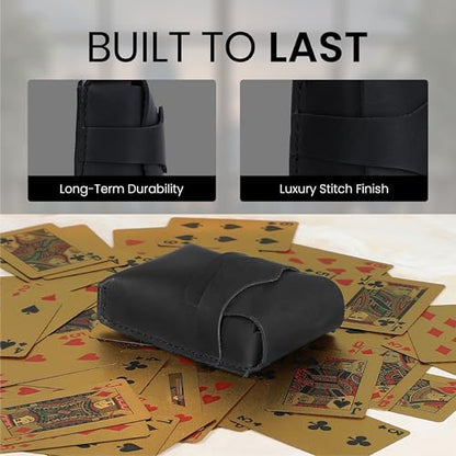 Black Leather Playing Card Case Holder, Handmade Full-Grain Leather Playing Card Storage Box, Coin Pouch Deck of Cards Case Holder Fits Poker & Bridge Size Cards, Playing Card Travel Case - color: Black