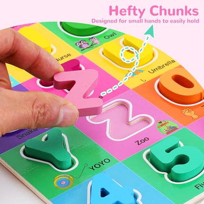 Wooden Alphabet Puzzles Ages 3-5, Alphabet and Number Puzzle with ABC Learning for Kids Ages 3 4 5, Preschool Learning Toys with Chunky ABC Puzzle Board for Girls Boys Kindergarten - color: Large Single Pack