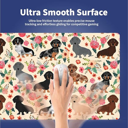 Cute Floral Dachshund Puppies Large Mouse Pad, Wiener Dog Flowers Desk Mat | Funny Doxie Pets Cartoon Art, Seamless Fantasy Design, Pink Rose Animal Print, 31.5" x 11.8", XXL Stitched Keyboard Mat - color: Floral Dachshund