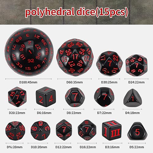 CiaraQ DND Polyhedral Dice Set (15pcs) D4-D100 Game Dice with Dice Bag | Acrylic Role Playing Dice for Dungeons and Dragons MTG Table Games (Black & Red) - color: Black & Red