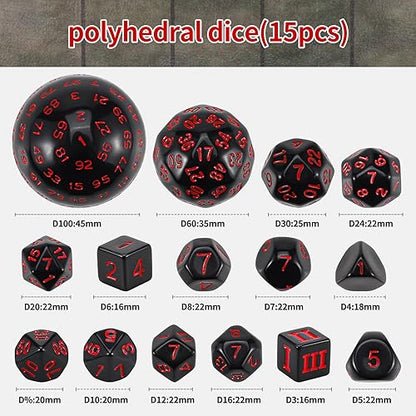 CiaraQ DND Polyhedral Dice Set (15pcs) D4-D100 Game Dice with Dice Bag | Acrylic Role Playing Dice for Dungeons and Dragons MTG Table Games (Black & Red) - color: Black & Red