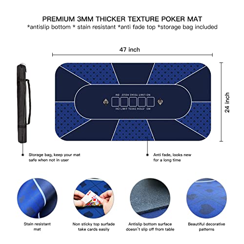 47×23 Inch Poker Mat, 6 Players Texas Hold'em Poker Rubber Mat Poker Topper for Tables, Folding Portable Poker Table Top Layout w/Carrying Bag for Poker Games, Casino (47 x 24 Inch Bright Blue) - color: 47 X 23 Inch Bright Blue