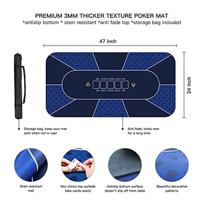 47×23 Inch Poker Mat, 6 Players Texas Hold'em Poker Rubber Mat Poker Topper for Tables, Folding Portable Poker Table Top Layout w/Carrying Bag for Poker Games, Casino (47 x 24 Inch Bright Blue) - color: 47 X 23 Inch Bright Blue