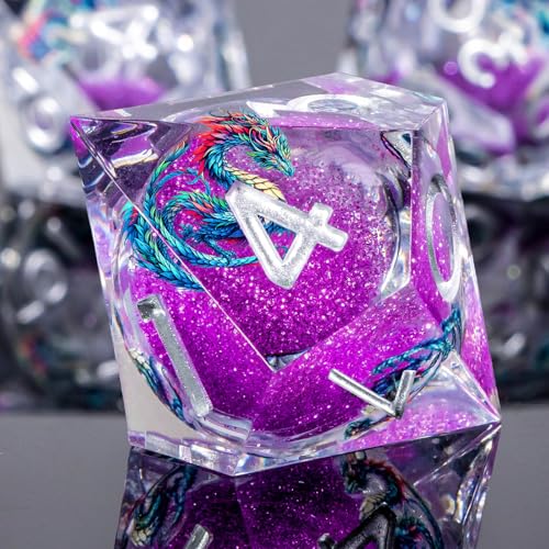 Roycevon Dragon Pattern Liquid Core DND Dice Set, 7Pcs Sharp Edge D&D Dice with Gift Box, Resin Purple Dungeons Dragons D and D Role Playing Dice D20 D12 D10 D8 D6 D4 - color: Purple