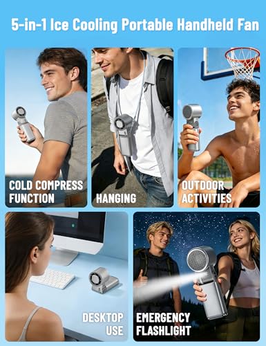 Polvntrd Portable Handheld Fan, Ice Cooling Plate, Cold Air Rechargeable AC | Mini Turbo Personal Fan, Wearable Foldable Travel, Menopause Gadgets, 199 Speeds 26000RPM, LED Light, Outdoor Gift - color: silver version