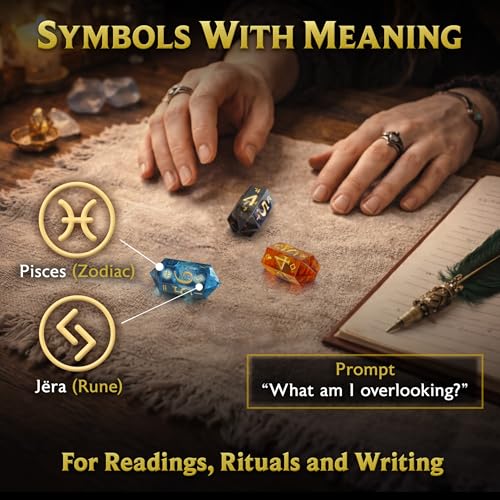 Dice of Stars & Stone – Premium D6 Dice Set | 4-Pack with Dice Bag | Six-Sided, Resin, Liquid-Core | Rune and Astrology Symbols | Witchy Gift | for D&D, Tabletop RPGs, Castings, Board Game Upgrades