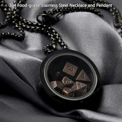 PJOY Mini Dice Set Tiny DND Dice with Necklace Case D&D Portable 7PCS Keychain Antique Copper Metal Dice Set for Role Playing Dice Games Compatible with Dungeons and Dragons Gifts - color: Black Copper