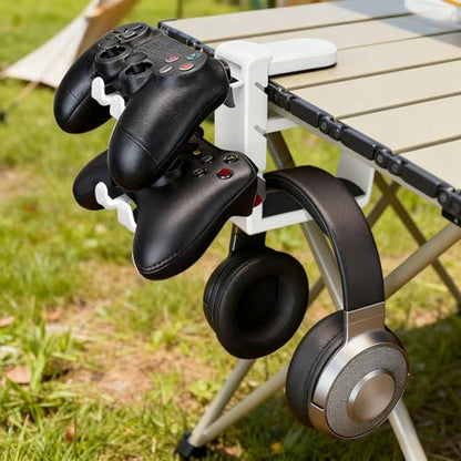 Rotatable Under Desk Headphone Hanger with 2 Controller Slots - 3-in-1 Gaming Accessory with Adjustable Clamp & Cable Organizer,for Home Gaming Xbox ps5 -White