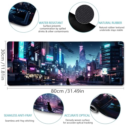 LIMKRIAN Cyberpunk Mouse Pad, Japanese Anime Cat Neon Tokyo Desk Mat Pad | Stitched Edges, Non-Slip, Large Mouse Pads for Desktop Computer Laptop Office Work Game Home, 31.5x11.8 in, Desk Accessories - color: Neon Tokyo