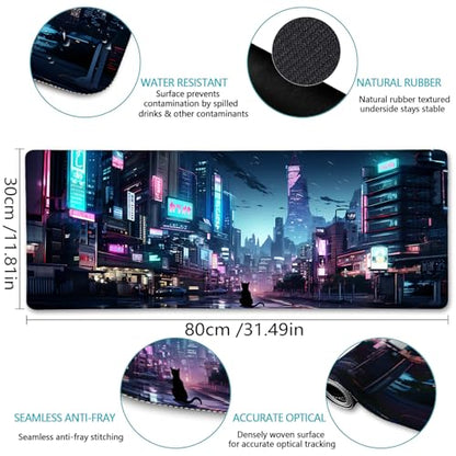 LIMKRIAN Cyberpunk Mouse Pad, Japanese Anime Cat Neon Tokyo Desk Mat Pad | Stitched Edges, Non-Slip, Large Mouse Pads for Desktop Computer Laptop Office Work Game Home, 31.5x11.8 in, Desk Accessories - color: Neon Tokyo