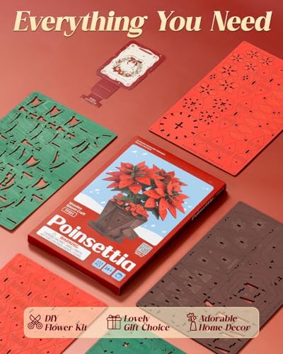 3D Flower Wooden Puzzles for Adults-Poinsettia, DIY Wooden Flowers Model Kit Building Set Crafts Gifts, Artificial Botanical Collection Creative Gift Ideas/Housewarming Celebration(153PCS) - style: Poinsettia