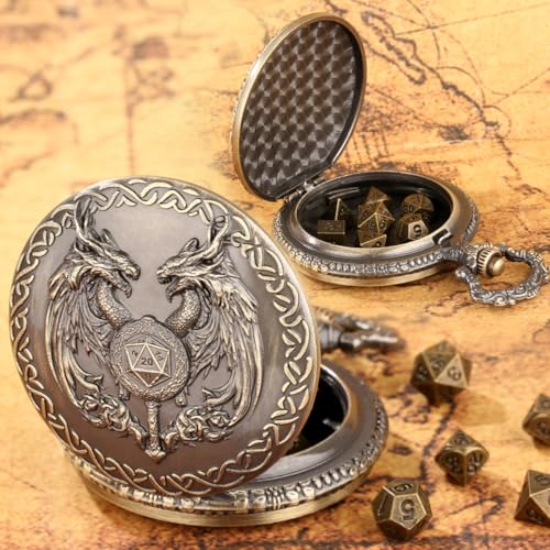 Mini DND Dice Set with Wand and Double Dragon Head Pocket Watch Shell Case, DND Starter Set, 7pcs Polyhedral Mini Metal Dice Set, D&D Gifts with Gift Bag, Role Playing Board Game Accessories, Bronze - color: Bronze