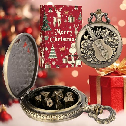 Mini DND Dice Set with Steampunk Hollow Bard Pocket Watch Shell Case, 7 PCS Metal Polyhedral D&D Dice Set, Xmas Gift with Gift Box, Role Playing Board Game Accessories, Bronze - color: Bard + Christmas Box