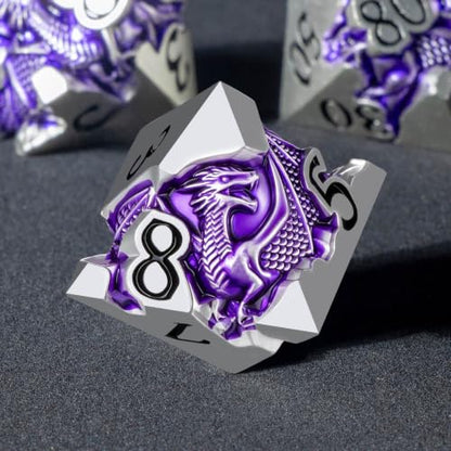 Roycevon Relief Dragon DND Dice Set for Role Playing Game, 7Pcs Metal D&D Dice Set Dungeons Dragons with Gift Box, Polyhedral D and D Dice D20 D12 D10 D8 D6 D4, Purple and Black - color: Purple and Black