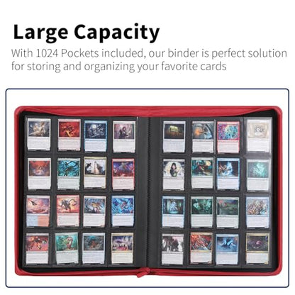 Snekdy premium 1024-pocket trading card binder, Card Albums 16 pockets, waterproof PU-leather Cover album with side loading, holds gaming, baseball (Red) - color: Red