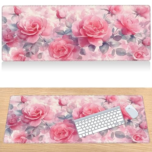 31.5”x11.8”Large Gaming Mouse Pad for Desk, Mouse Mat with Seamed Edges, Waterproof Desk Pad, Non-Slip Rubber Base, Keyboard Pad Computer Mat, Big XL Mousepad-Pink Roses Watercolor - color: Pink Roses Watercolor