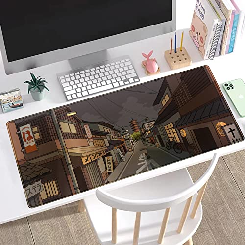 Tokyo Street at Night Kawaii Japanese XL Mouse Pad, Cute Gaming Desk Pads, Anime Large Desktop Mat, XXL Keyboard Mats, Extended Laptop Mat 31.5''X15.7'' - color: Black Brown Beige