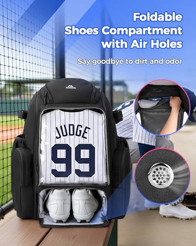 MATEIN PRO Youth Baseball Backpack for 4 Bats, Collapsible Shoe Compartment | Water Resistant, Large, Boys Baseball Bat Bag, Insulated Beverage Pocket, Clear Display Window, Storage Holds Glove, Helmet - color: Black