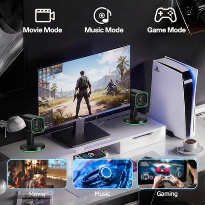 Sanyun SW202 24W 2.0 Computer Speakers, DSP-Enhanced Clear Stereo, 3 Modes | Game/Movie/Music Modes, 16bit DAC, USB/Bluetooth 5.2/AUX, 2.25" Full-Range Drivers, RGB Lighting, Compact Design(Pair, Black) - color: SW202 Black