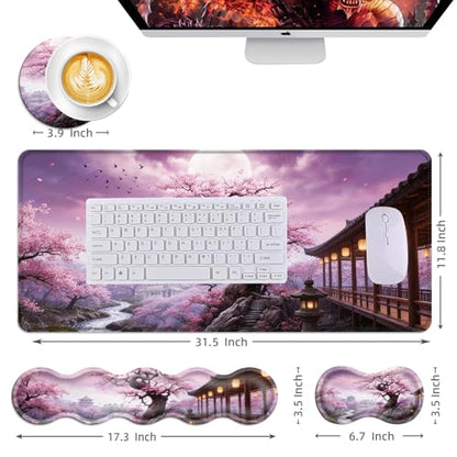Mouse Pad,Large Desk Mat Set, 4in1 XL Mousepad + Keyboard Wrist Rest+Mouse Wrist Rest+Coaster with Ergonomic Desk Pad for Home Office Table Computer Cover -Cherry Blossom Tree - color: Cherry Blossom Tree