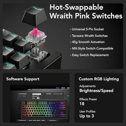 TECWARE Phantom+ Elite 87 Key RGB Mechanical Gaming Keyboard | 3 Mode Wireless Bluetooth 5.0 2.4GHz & USB C Wired | Hot Swappable 5 Pin | Double Shot PBT Keycaps | Wraith Pink Switch - Black - color: Pink Switch, size: Phantom+ Elite 87 | Black