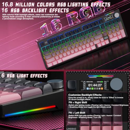 LINGBAO K98 PRO Mechanical Keyboard Wireless, with Screen & Knob,RGB Gaming Keyboard, Tri-Mode BT5.0/2.4GHz/USB-C, Gasket Mount Hot-Swappable Linear Switches Gamer Keyboards for PC/Mac/Linux/Android - color: K98Pro | 10000mAh | Gradient Black Pink