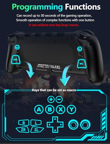 Wireless Switch Controller for Nintendo Switch/OLED,Hall Effect One-Piece Joypad Replacement for Pro Controller with Turbo/4 Looping Macro Buttons/Wake Up/9 colors RGB,Includes 4 game card slots handheld controller - color: Black