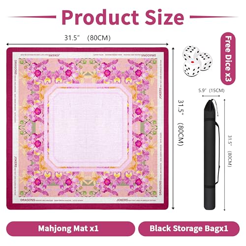 Mahjong Mat with Black Carrying Bag, 31.5"x31.5" Anti-Slip Noise Reduction Gaming Mat for Mahjong, Poker, Board Games, 3 Dice & Black Storage Bag - color: Light Pink