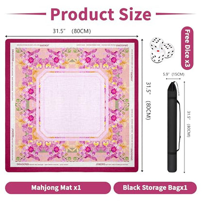 Mahjong Mat with Black Carrying Bag, 31.5"x31.5" Anti-Slip Noise Reduction Gaming Mat for Mahjong, Poker, Board Games, 3 Dice & Black Storage Bag - color: Light Pink