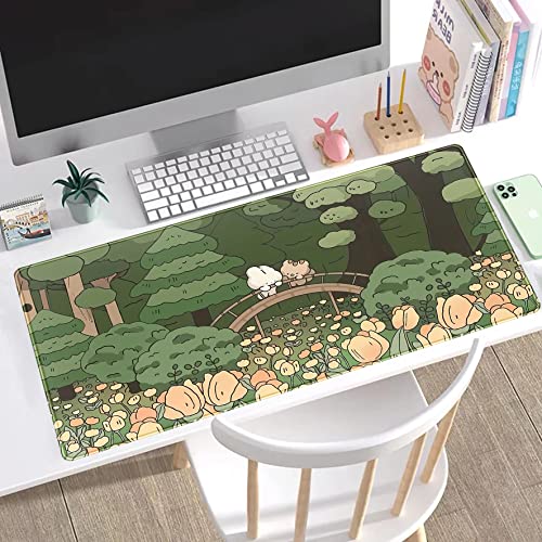 Anime Forest Desk Mat,Cute Green Mouse Pad,Kawaii Aesthetic Full Desktop Pad XXL Gaming Mousemat XL, Extended Korean Animals Bear Bunny Keyboard Mat Large 31.5x15.7 Inch Non-Slip&Stitched Edges - color: A Orange Flowers