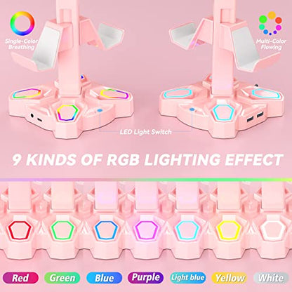 KDD Headphone Stand with Light Modes - Rotatable Pink Game Headset Holder with 3.5mm AUX & 2 USB Port - Suitable for PC Desk Accessories Gamers Gift(Pink) - color: Pink