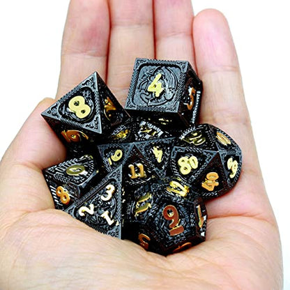 Haxtec Metal DND Dice Set Black Gold Metal D&D Dice with Fire-Breathing Dragon Elements & Leather Dice Bag Polyhedral Dice Compatible with Dungeons and Dragons TTRPG Gifts - color: Black Gold