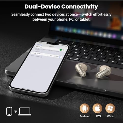 TOZO NC20 Active Noise Cancelling Wireless Earbuds LDAC Hi-Res Bluetooth | 6 Mics AI Call Ear Buds 80H Playtime, Dual Pairing, 32 EQ via App, IPX8 Waterproof, Wireless Charging Case - color: Matte Champagne